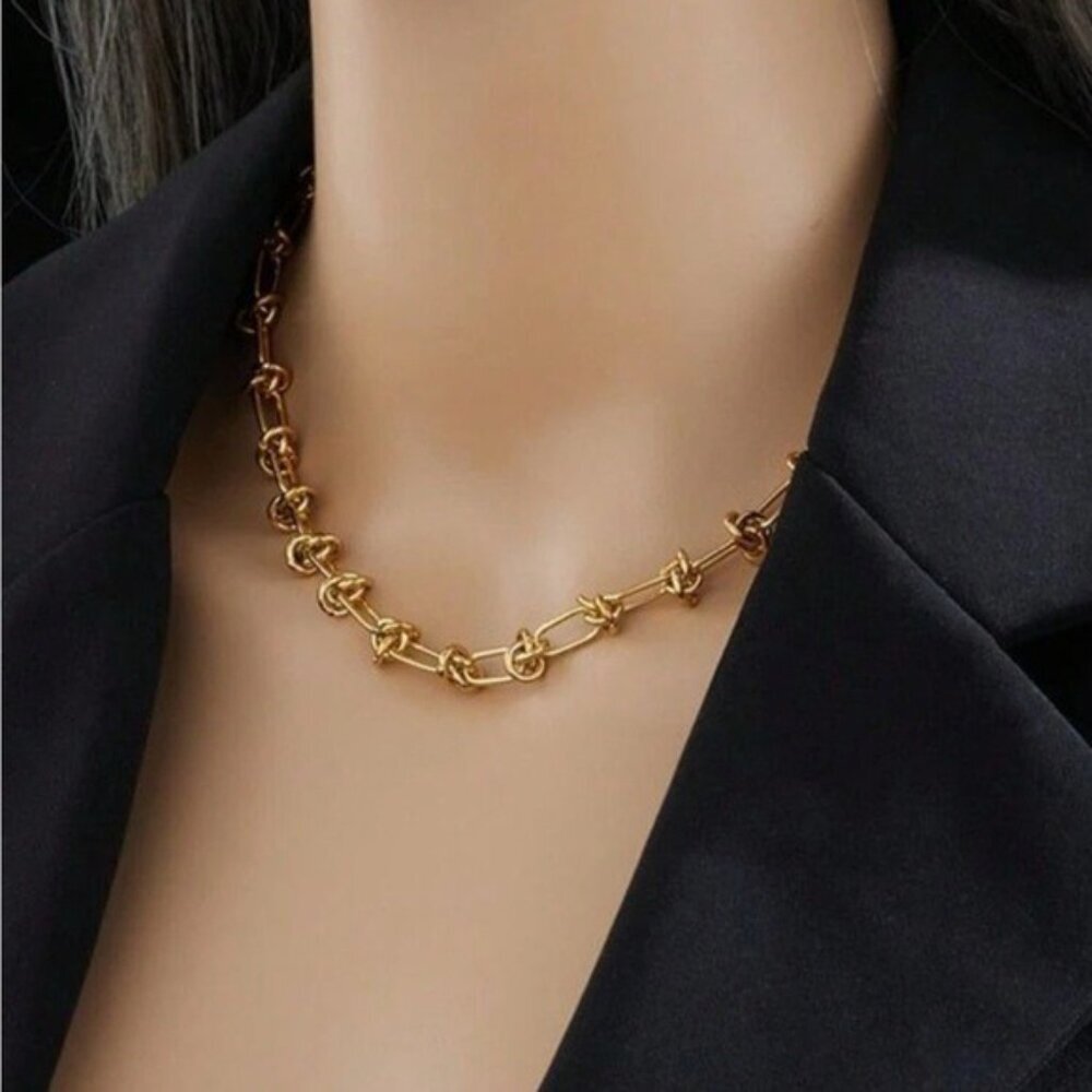 18k Gold Plated Modern Link Necklace Statement Jewelry Stainless Steel - Picture 2 of 4